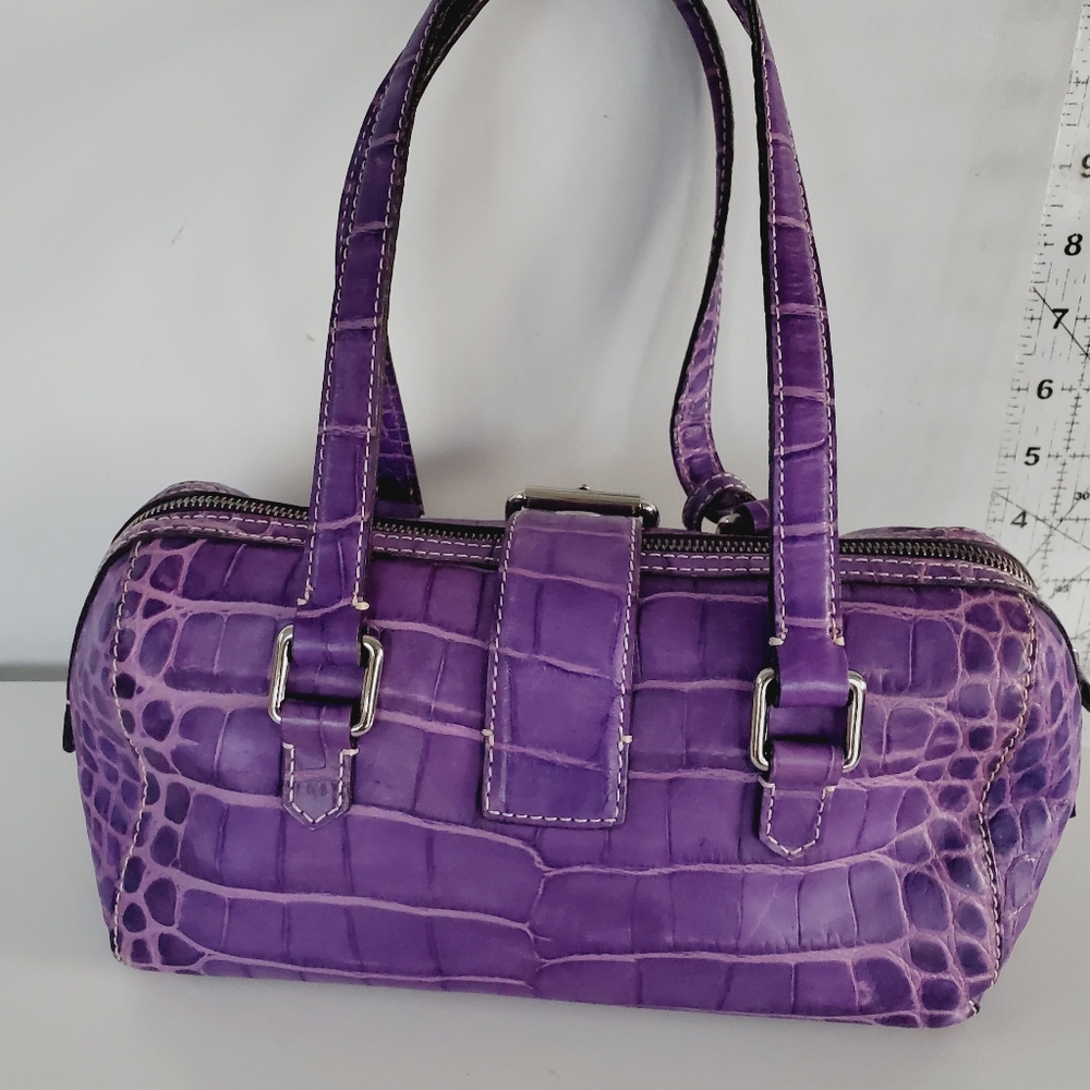 Dooney & Bourke Nile Collection Bowler Croc Leather Embossed Barrel Bowling Bag - Picture 4 of 15